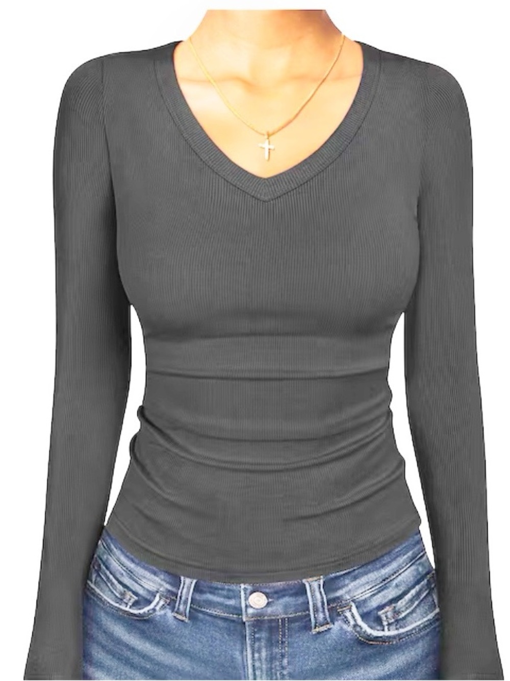 Long-Sleeve Ribbed V-Neck Slim Fit Top Gray Lightweight Fitted Casual Shirt Sz M